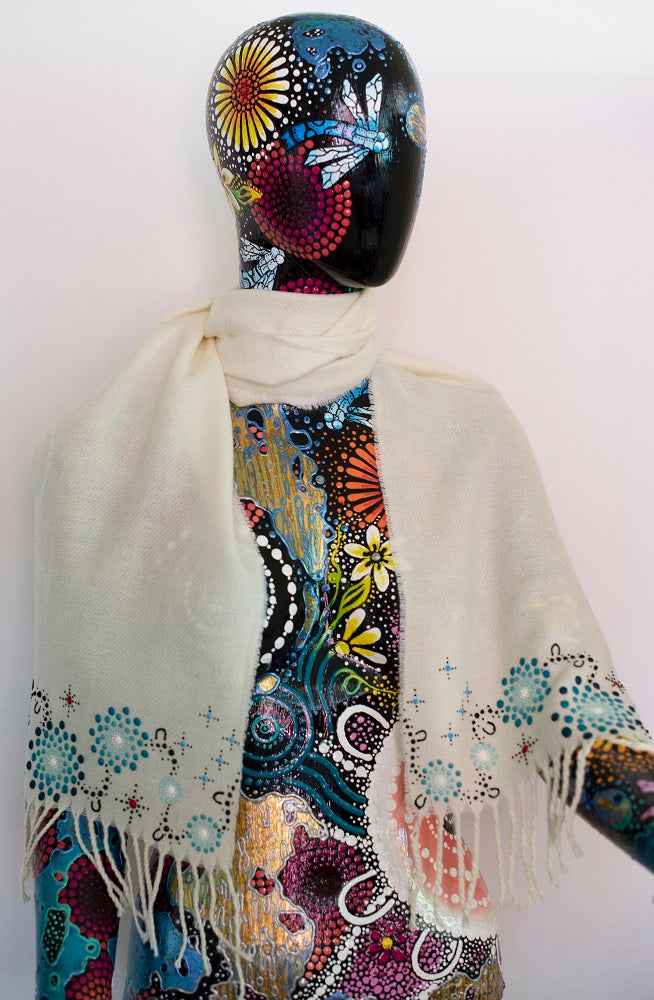 All One Country Hand Painted White Scarf - Aqua