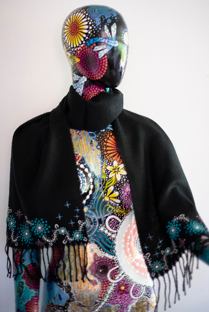 All One Country Hand Painted Black Scarf - Aqua
