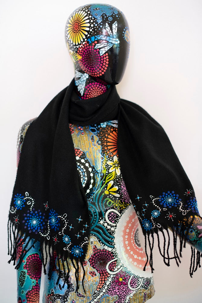 All One Country Hand Painted Black Scarf - Blue