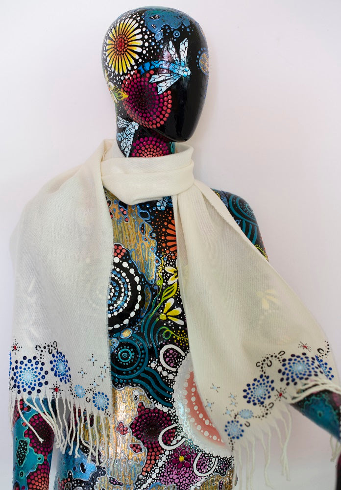 All One Country Hand Painted White Scarf - Blue